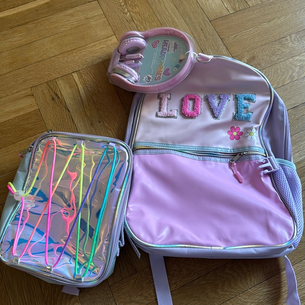 New with tags. LOVE patch backpack, lunch box and headphones